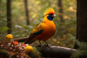 A close up of a golden pheasant in the forest