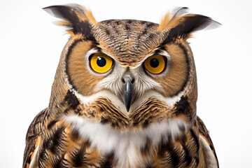 Obraz premium Great Horned Owl close-up portrait on a white background.