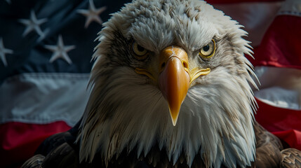 The eagle gazes intently into the camera amidst the flags, following a style reminiscent of distorted and fractured American regionalism depictions. - obrazy, fototapety, plakaty