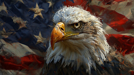 The eagle gazes intently into the camera amidst the flags, following a style reminiscent of distorted and fractured American regionalism depictions. - obrazy, fototapety, plakaty