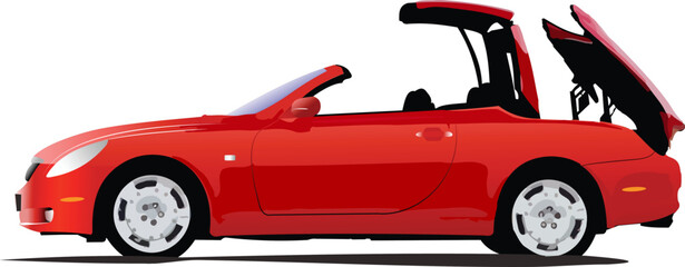 Red  car cabriolet on the road. Vector illustration - obrazy, fototapety, plakaty