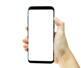 Woman hand holding black mobile phone with white screen at the background