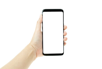 Hand woman holding a black mobile phone with a white screen in the background, smartphone blank screen