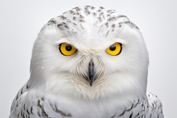 Fototapeta premium Snowy Owl close-up portrait on a white background. Adorable bird studio photography