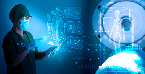 Doctor work with tablet computer,digital healthcare technology,system analysis network connection hologram virtual screen interface,online medical examination analysis report,surgical operation room