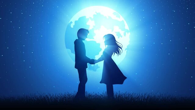 Silhouette motion graphic of young couple holding hands under the moonlight