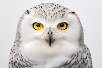 Snowy Owl close-up portrait on a white background.