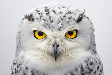 Snowy Owl close-up portrait on a white background.