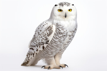 Fototapeta premium Snowy Owl portrait on a white background. Adorable bird studio photography