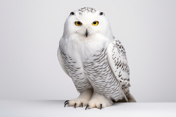 Snowy Owl portrait on a white background. Adorable bird studio photography