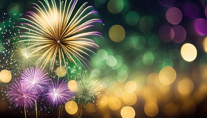 Fototapeta premium Colorful mardi gras fireworks bursting in the sky with a brilliant display of glittering sparkles