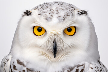 Snowy Owl close-up portrait on a white background.