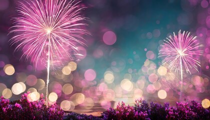 Colorful fireworks bursting in the sky with a brilliant display of glittering sparkles - obrazy, fototapety, plakaty