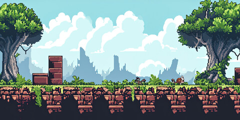 Video game style scrolling platform background backdrop illustration nature outdoors 8-bit, retro, vintage graphics, generated ai