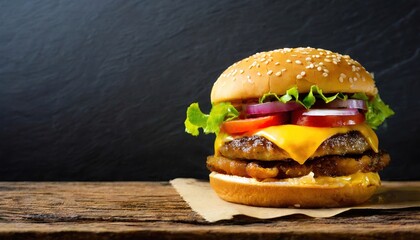 delicious homemade hamburger on wood table with black background