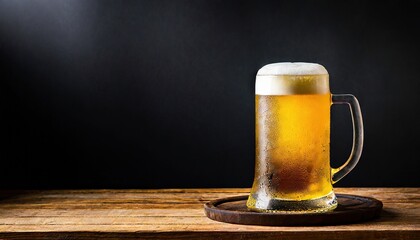 Frosty beer in glass on wood table with black background