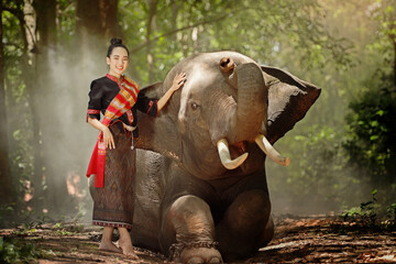 Beautiful asian woman and elephant. Young asian woman in traditional vietnamese dress touching and...
