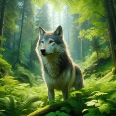 realistic wolf under the green forest