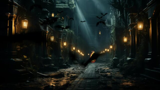 fantasy dream mysterious street on dark night with lamp and many flying bats. 4k seamless loop animation