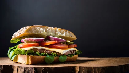 Fototapeten delicious homemade sandwich on wood table with black background © Brian