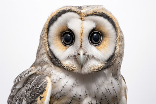 Tasmanian Masked Owl close-up portrait on a white background.