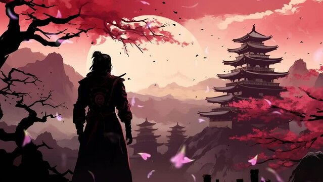 Samurai with sakura or cherry blossoms rain with night landscape 4k Seamless loop animation background