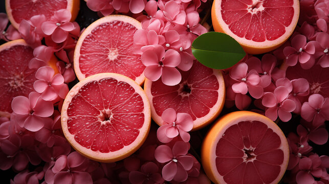 slices of grapefruit, Background of red grapefruit. top view, up close A field of flowers, crimson poppies. background of nature