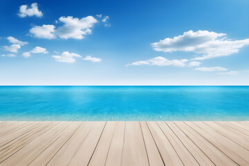 Fototapeta premium Bright beach view, clear sky, blue sea, white sand beach. Generative AI