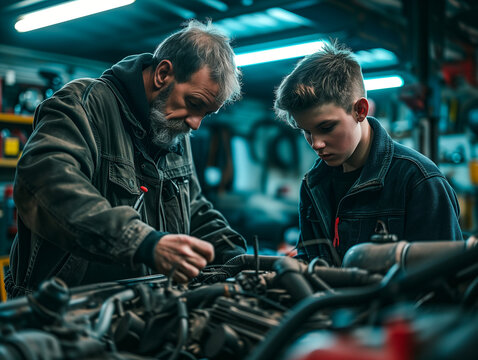 A Photo of a Father and Teenage Son Working on a Car Engine Together in a Garage