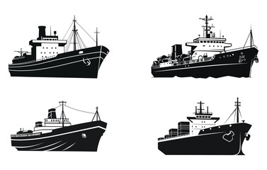 Ocean vector illustration cargo ship silhouette set, Set of silhouettes of the sea cargo ships - obrazy, fototapety, plakaty