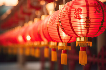 Fototapeta premium Row of hanging illuminated red Chinese lanterns