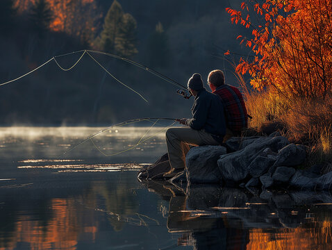 A Photo of a Father and Teenage Son Fishing Together at a Lake