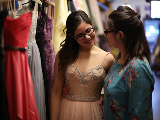 Fototapeta na wymiar A Photo of a Mother and Teenage Daughter Picking out a Prom Dress in a Boutique