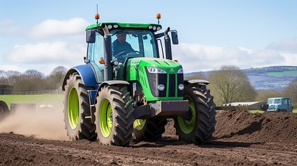 Obraz premium Celebrate the beauty of spring and the hard work of farmers as a man operates a tractor, paving the way for a fruitful harvest.