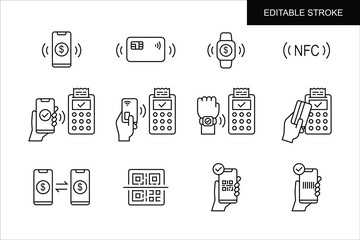 Set of outline icons related to payment methods. Online banking, Contactless payment in modern minimalist style. Editable stroke. Vector illustration