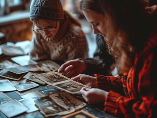 A Photo of a Parent and Teenager Looking at Old Family Photos and Reminiscing