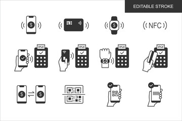 Set of solid icons related to payment methods. Online banking, Contactless payment in modern minimalist style. Editable stroke. Vector illustration