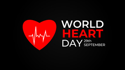 World heart day banner with red heart on dark background. Medical sign on 29th of September. heart and pulse trace. suit for banner, cover, flyer, poster, backdrop, plain, texture. vector illustration