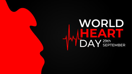 World heart day banner with red heart on dark background. Medical sign on 29th of September. heart and pulse trace. suit for banner, cover, flyer, poster, backdrop, plain, texture. vector illustration