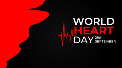 World heart day banner with red heart on dark background. Medical sign on 29th of September. heart and pulse trace. suit for banner, cover, flyer, poster, backdrop, plain, texture. vector illustration