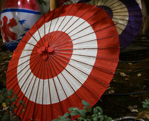 Japanese umbrella with red and blue pattern