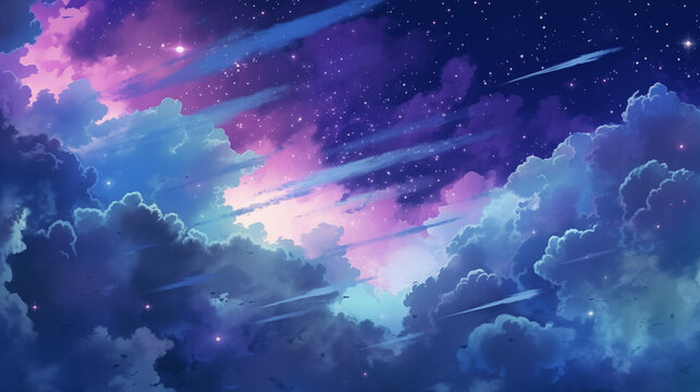 Hand drawn cartoon beautiful night starry sky scenery illustration background
