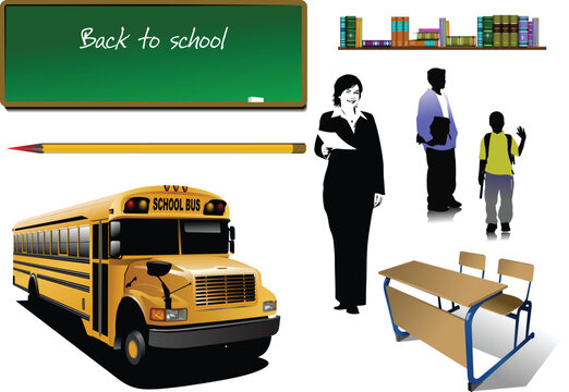 Back to school. School equipment  with teacher and school boys image. Vector