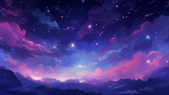 Hand drawn cartoon beautiful night starry sky scenery illustration background
