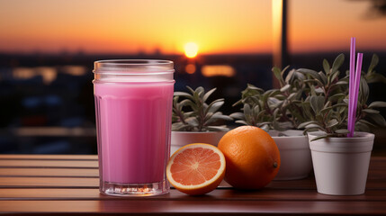 Fototapeta premium smooth table wash product, purple and bright orange style. AI generative
