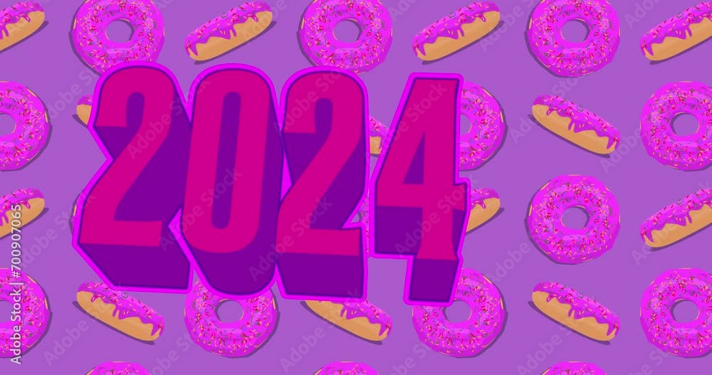 Poster dancing doughnut pattern with number 2024. cartoon animation.