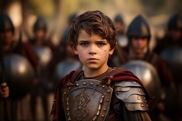 Portrait of a boy in armor on a background of other knights