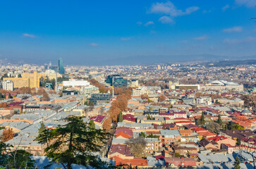 Fototapeta na wymiar Tbilisi center panoramic view from Narikala fortress walk in Sololaki district