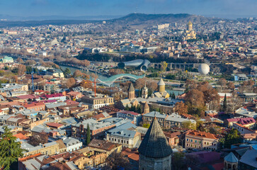 Kura river, Bridge of Peace and  Dzveli Tbilisi scenic view from Narikala fortress walk