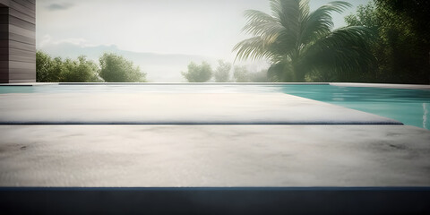 For the product display, empty marble with frosted windows and a swimming pool serve as backdrops